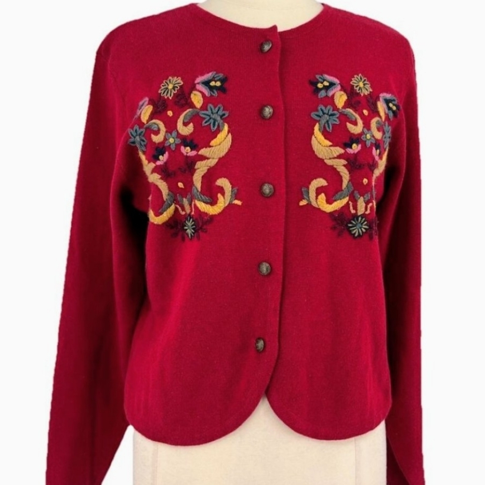 Vintage LizSport Eclectic Whimsygoth Embroidered Red Knit Cozy Sweater Small